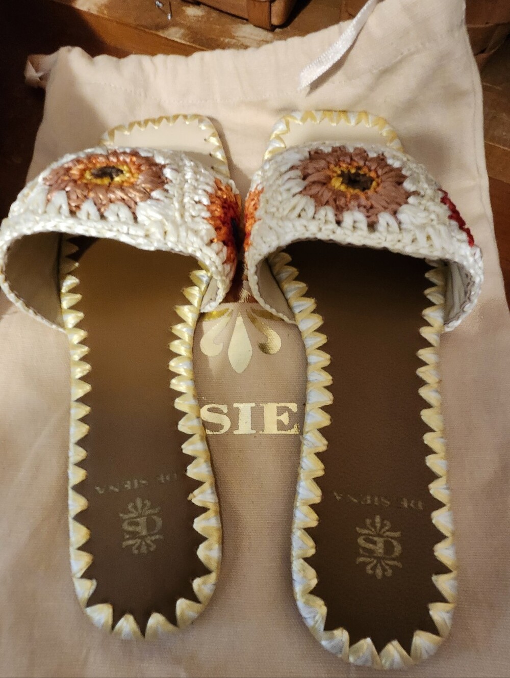 Anthropologie De Siena Ecru Raffia Slides With Raffia Embroidered Flowers - Picture 4 of 8